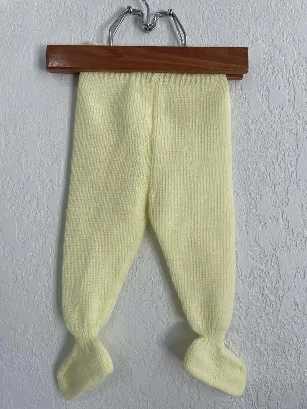 Vintage Yellow Knit Baby Sweater and Footed Pants Set with Floral Embroidery